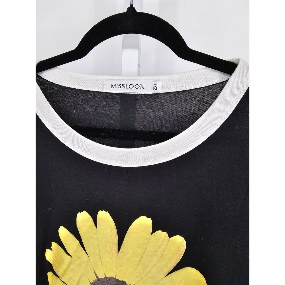 Misslook Womens Sz 2XL Short Sleeve T Shirt Black w/ Sunflower Print - Picture 3 of 4